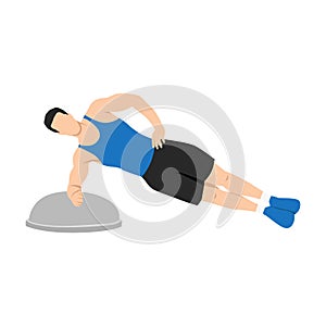 Man doing Bosu ball side plank exercise. Flat vector illustration