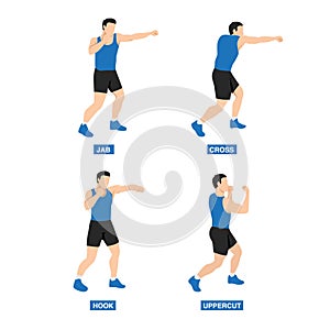 Man doing boxing moves exercise. Jab Cross Hook and Uppercut movement. Shadow boxing. Flat vector illustration photo