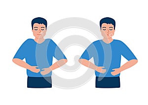 Man is doing breathing exercise, deep breath, exhale and inhale. Breathing exercise. Healthy yoga and relaxation. Vector