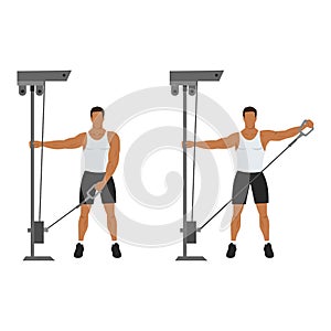 Man doing cable one arm lateral raise exercise. Flat vector