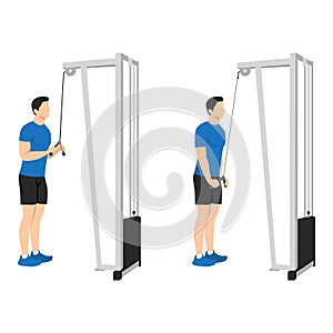 Man doing cable tricep pull down exercise.