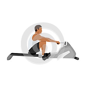 Man doing cardio. Rowing machine flat vector