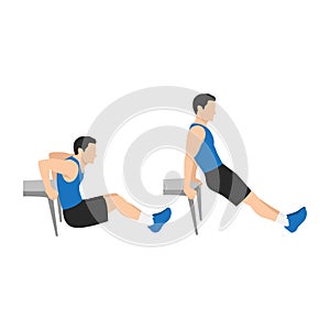 Man doing Chair. bench tricep dips exercise.