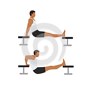 Man doing Chair. bench tricep dips exercise. Flat vector