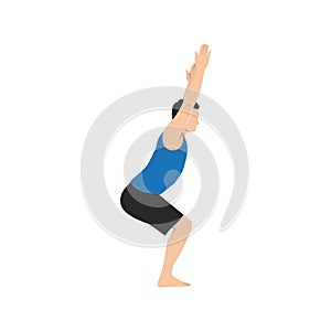 Man doing Chair pose exercise. Flat vector