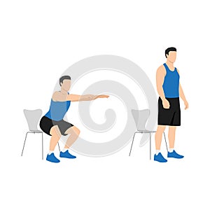 Man doing Chair squat exercise. Flat vector photo