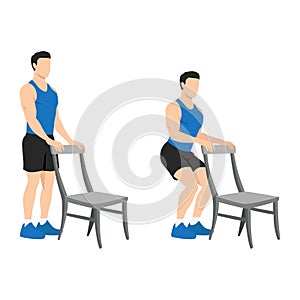 Man doing Chair squat exercise. Partial or half squat with chair for athlete