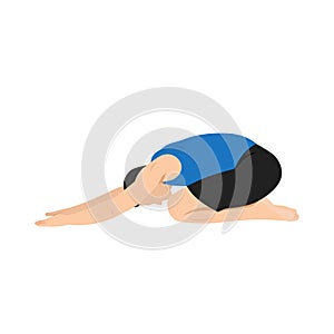 Man doing Child`s pose stretch exercise. Flat vector