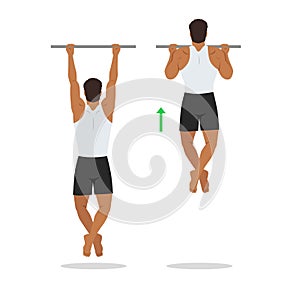 Man doing chin ups workout. Pull up with supinated lat pulldown reverse grip. Healthy and active lifestyle. Flat vector photo