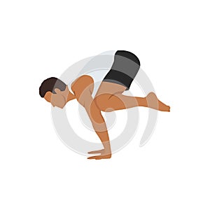 Man doing Crow pose bakasana exercise. Flat vector illustration