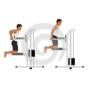 Man doing dips on parallel bars in the gym exercise