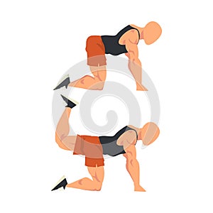 Man Doing Donkey Kicks Exercise in Two Steps, Male Athlete Doing Sports for Fit Body, Buttock Workout Vector