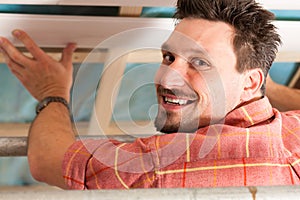 Man doing dry walling, working