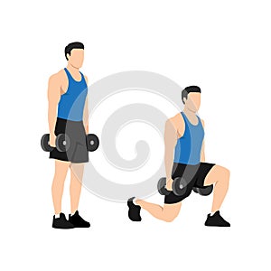 Man doing dumbbell lunges. Vector set of workout icons