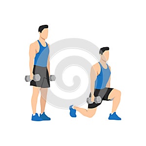 Man doing dumbbell lunges. Vector set of workout