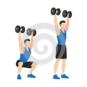 Man doing Dumbbell squat thrusters. squat to overhead press exercise. Flat vector