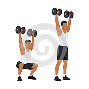 Man doing Dumbbell squat thrusters. squat to overhead press exercise. Flat vector