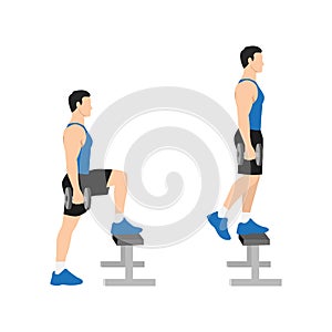 Man doing Dumbbell step ups exercise. Flat vector