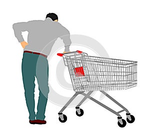 Man doing everyday grocery shopping with shopping basket at supermarket, vector.