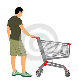 Man doing everyday grocery shopping with shopping basket at supermarket, vector isolated. Male usual after work with consumer bag.