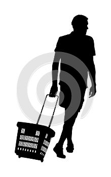 Man doing everyday grocery shopping with shopping basket at supermarket, vector silhouette.