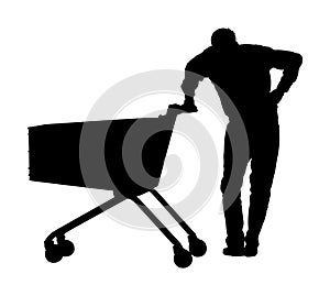 Man doing everyday grocery shopping with shopping basket at supermarket, vector silhouette.