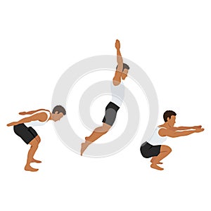 Man doing exercise in standing long jumping postures. Illustration about step by step of fitness pose for good exercise