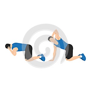 Man doing exercise in thoracic rotation pose or quadruped rotation