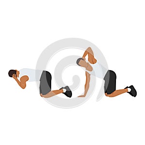 Man doing exercise in thoracic rotation pose or quadruped rotation. Flat vector photo