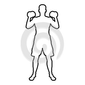Man doing exercises with dumbbells Sport action male Workout silhouette front view icon black color illustration outline