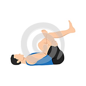 Man doing figure four stretch exercise. Flat vector