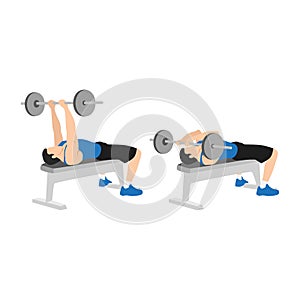 Man doing Flat bench barbell skull crushers exercise. photo