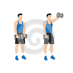 Man doing Forward. front shoulder single dumbbell raises