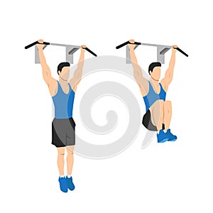 Man doing hanging knee leg raises. Abdominals exercise