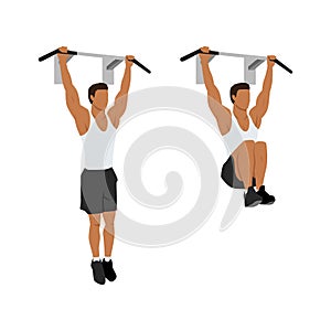 Man doing hanging knee leg raises. Abdominals exercise.