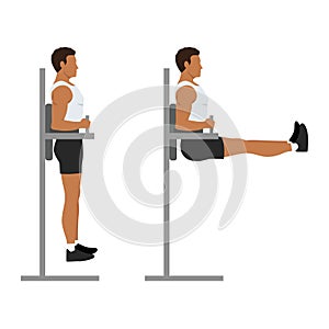 Man doing hanging leg raises side view. Abdominals exercise