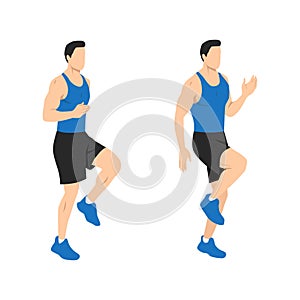 Man doing high knees. Front knee lifts. Run. and Jog on the spot exercise.