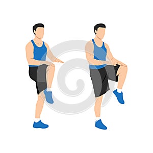 Man doing High knees. Front knee lifts. Run. and Jog on the spot exercise