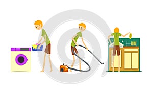 Man Doing Housework Set, Funny Male Character Vacuuming, Washing Dishes, Doing Laundry Cartoon Vector Illustration