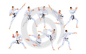 Man Doing Karate in Various Poses Set, Male Fighter Character in White Kimono Practicing Traditional Japan Martial Art