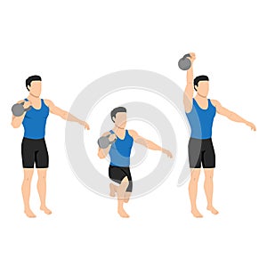 Man doing kettlebell offset reverse lunge and press exercise