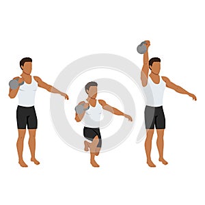 Man doing kettlebell offset reverse lunge and press exercise