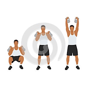 Man doing kettlebell thruster or squat to clean to overhead press