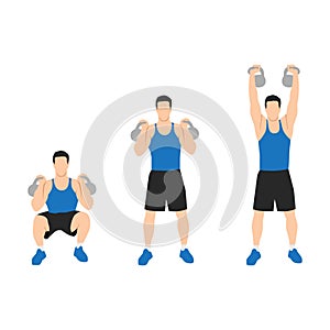 Man doing kettlebell thruster or squat to clean to overhead press exercise.