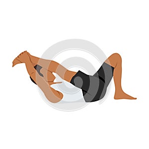 Man doing krounchasana. Male yogi in heron pose. Intense hamstring stretch. Boy with leg up and hands holding foot