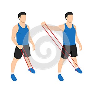 Man Doing Lateral Raise Home Workout Exercise with Thin Resistance Band Guidance