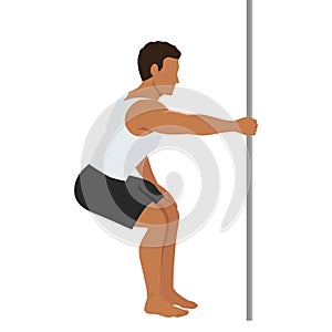 Man doing latissimus dorsi back stretch. Man holding bar static stretch