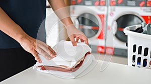 Man doing launder holding basket with dirty laundry of the washing machine in the public store. laundry clothes concept