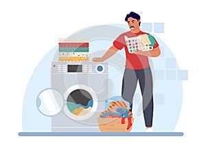 Man doing laundry in washing machine, vector illustration. Housework, household chores, housekeeping.