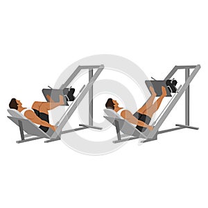 Man doing leg press exercise on machine. Flat vector illustration isolated